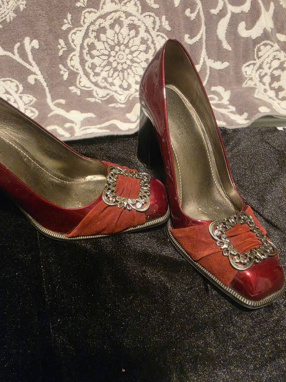 Franco Sarto Women's Burgundy Patent & Suede Buckle Pumps